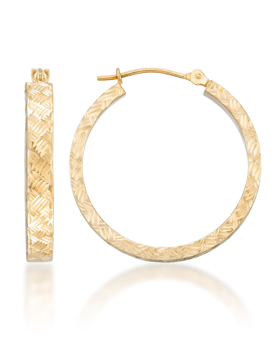 Yellow Gold_10K Gold Bold Woven Diamond Cut Square Tube Medium Round Hoop Earrings - iHeart Jewels_I_Heart_1