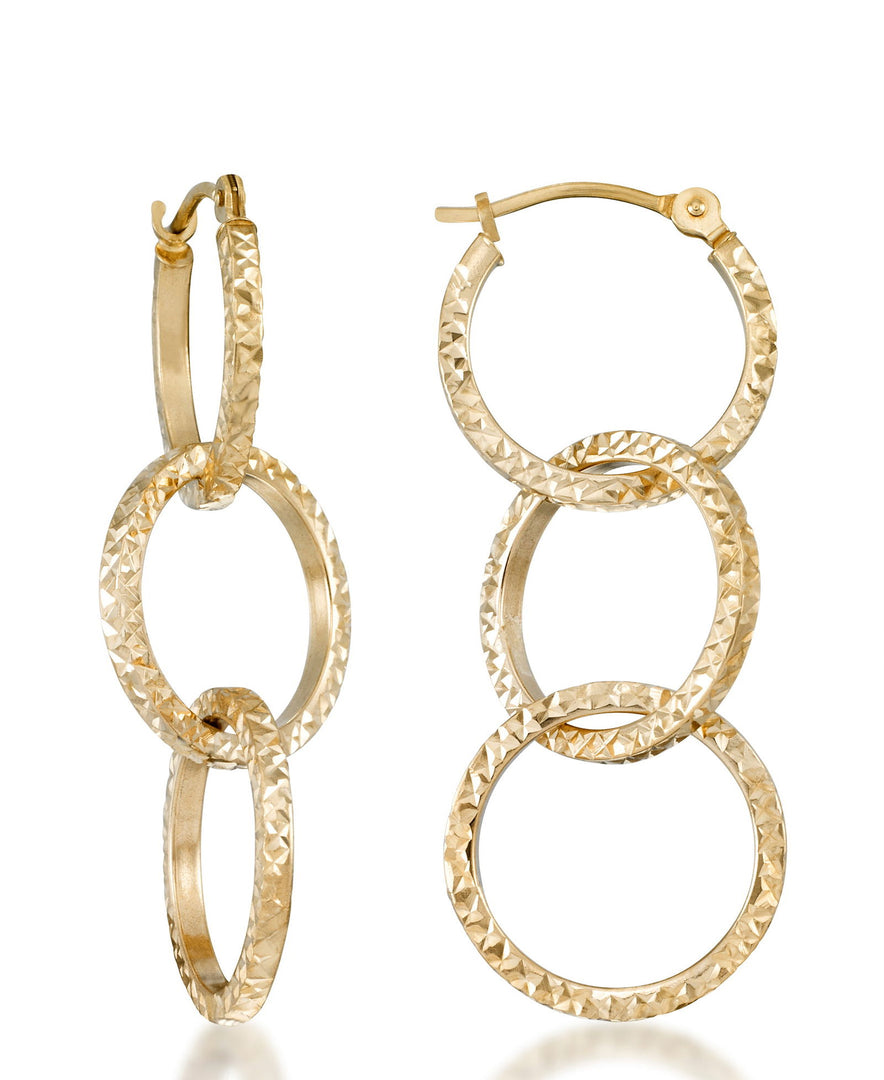 Yellow Gold_10K Gold Diamond Cut Triple Hoop Dangle Earrings - iHeart Jewels_I_Heart_1