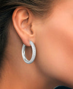 Load image into Gallery viewer, White Gold_10K White Gold Woven Diamond Cut Brilliant Hoop Earrings - iHeart Jewels_I_Heart_1