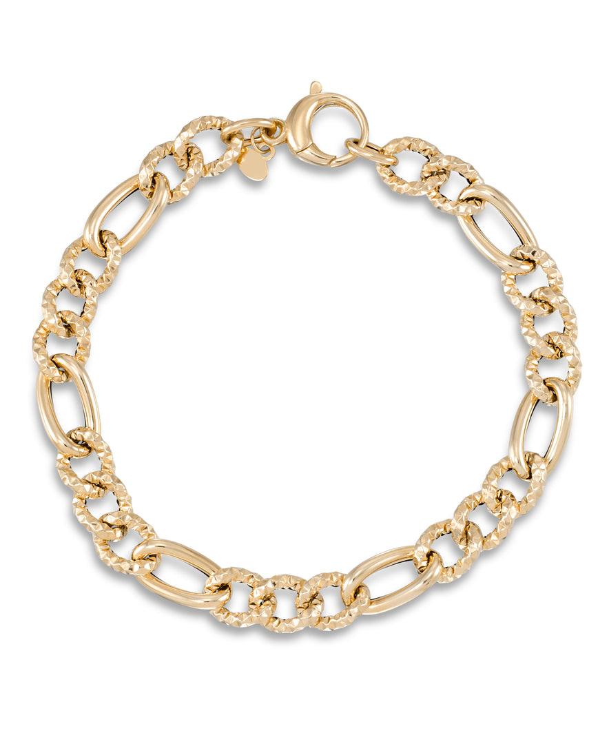 Yellow Gold_14K Gold Classic Italian Polished and Textured Figaro Bracelet, 7"", Made in Italy_I_Heart_1