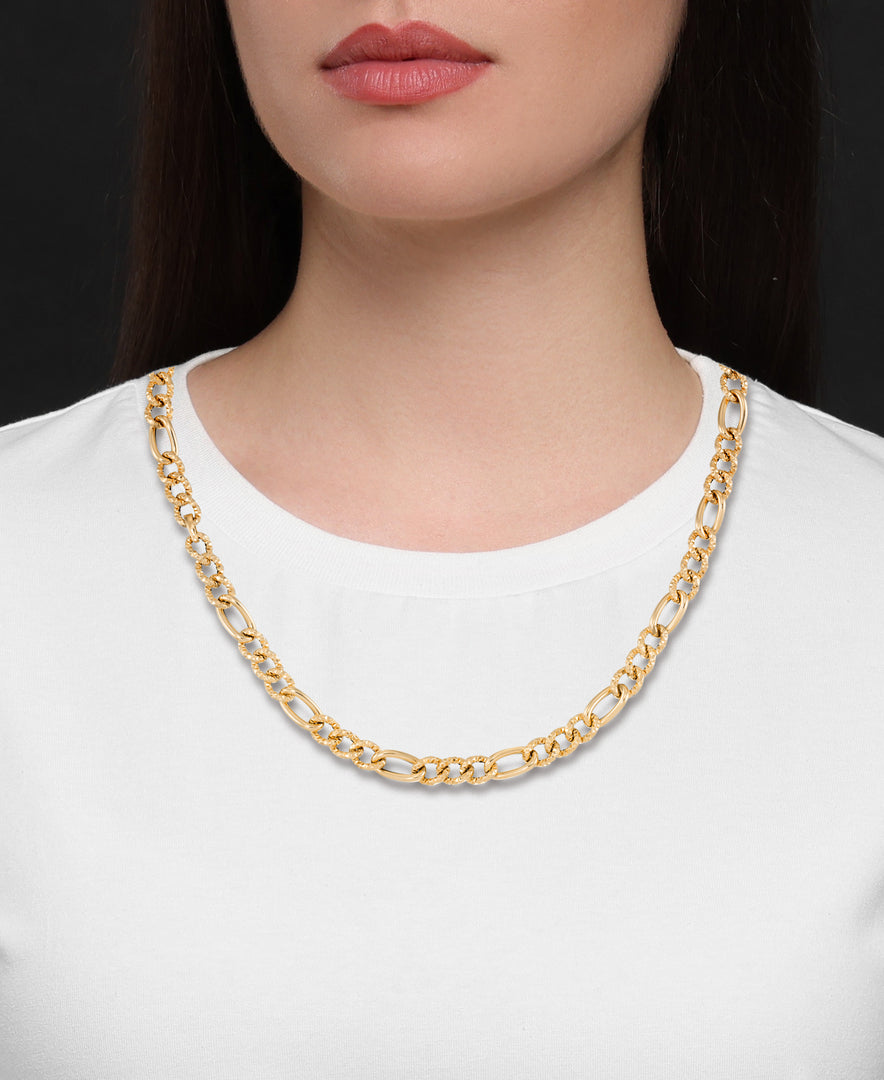 Yellow Gold_14K Gold Classic Italian Polished and Textured Figaro Necklace, 18", Made in Italy_I_Heart_1