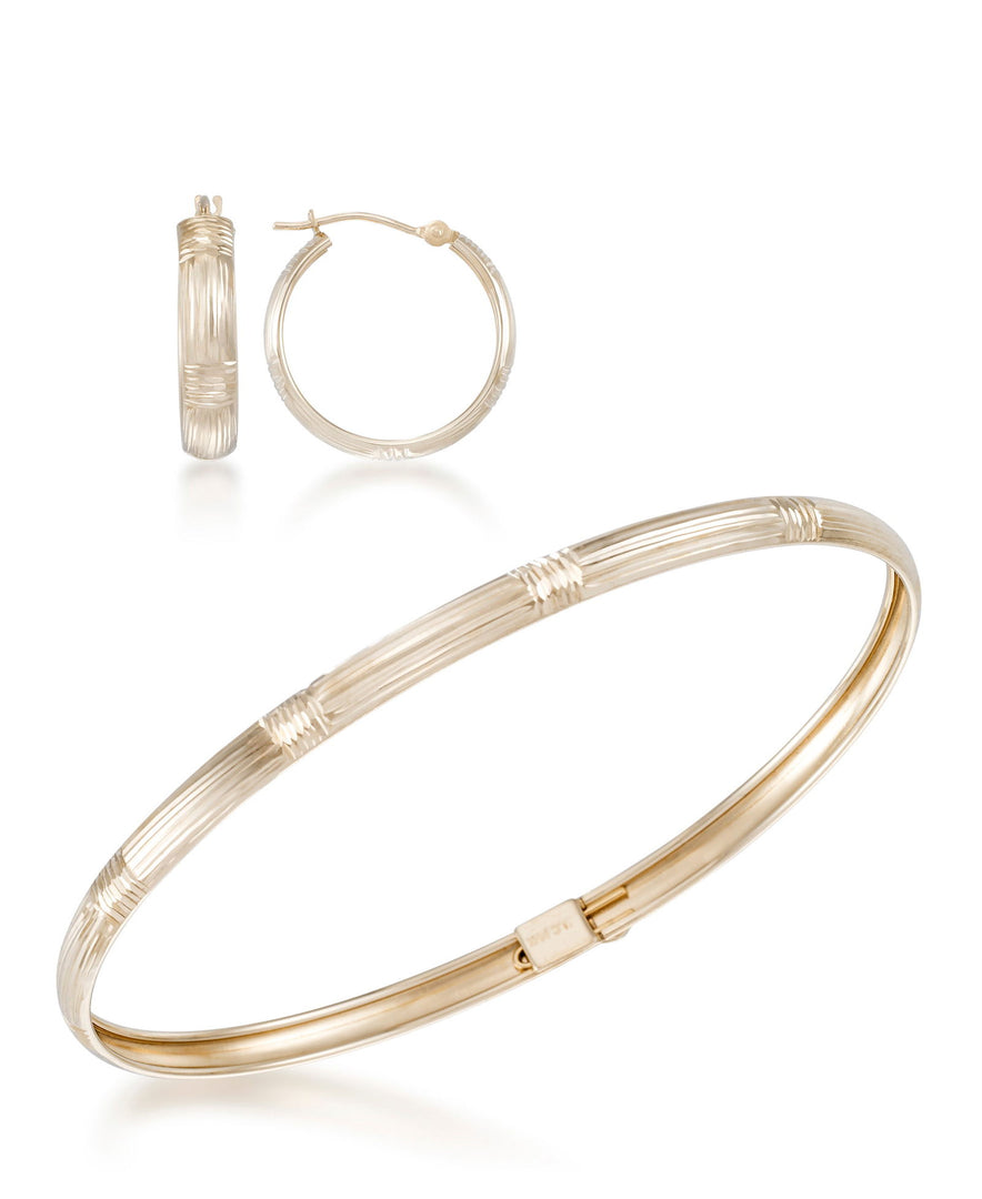 Yellow-Gold_14K Gold Diamond Cut and Polished Bangle and Hoop Earring Set - iHeart Jewels_I_Heart_1