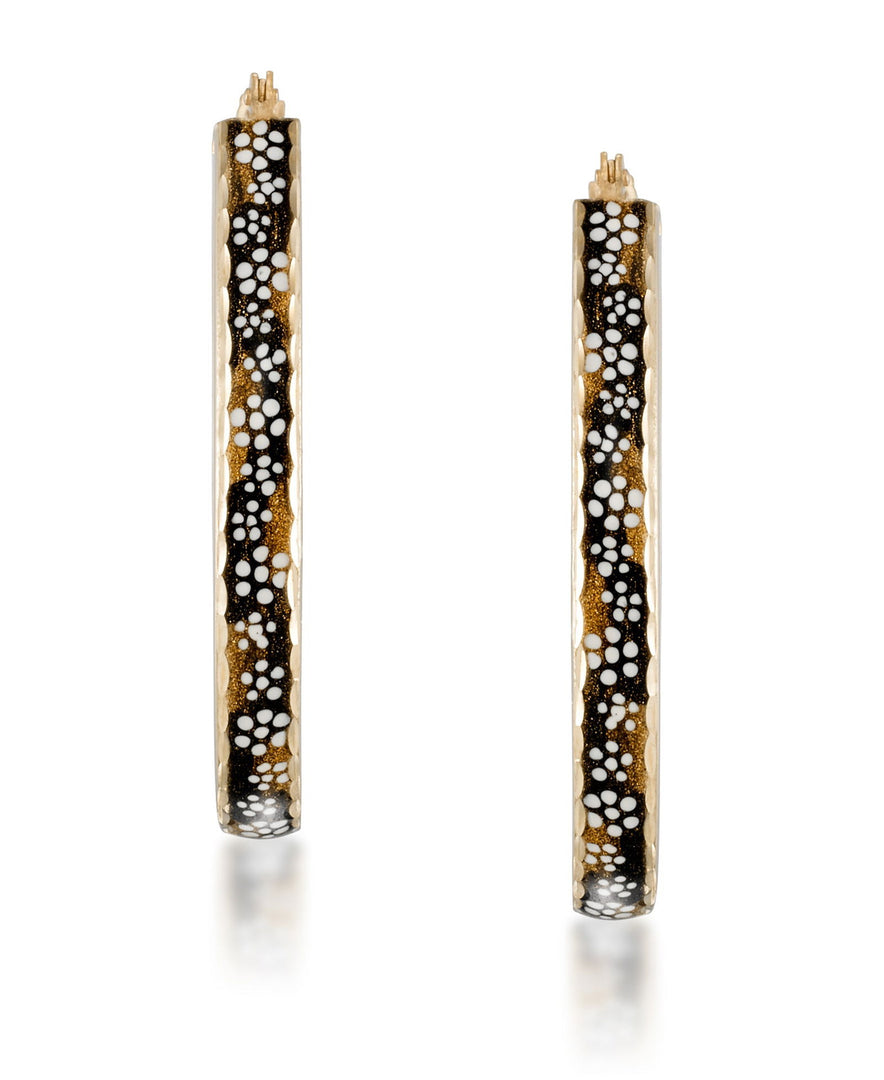Yellow-Gold_14K Gold Hand Enamel Black and White Flower Design Pear Shape Hoop Earrings - iHeart Jewels_I_Heart_1