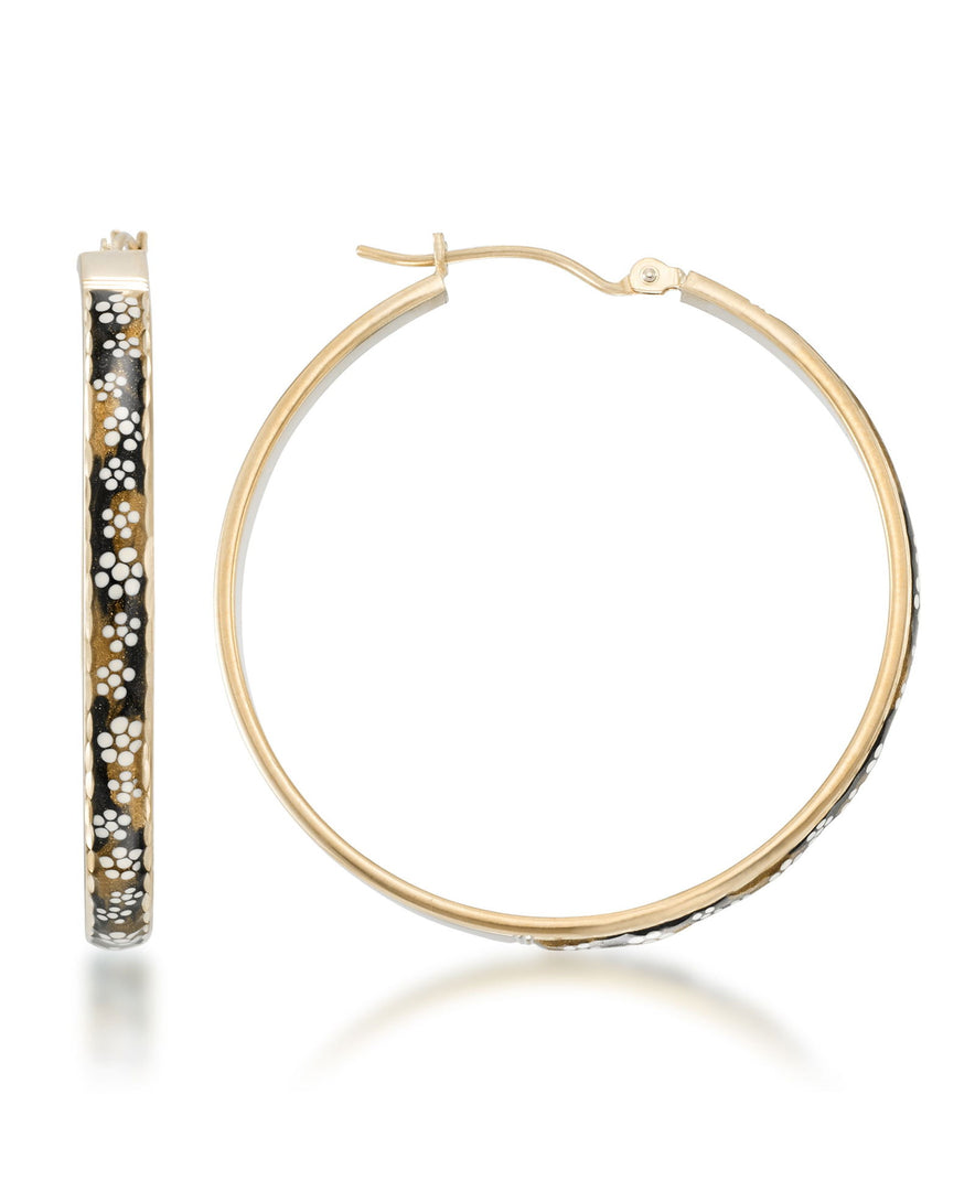 Yellow-Gold_14K Gold Hand Enamel Black and White Flower Design Round Hoop Earrings - iHeart Jewels_I_Heart_1
