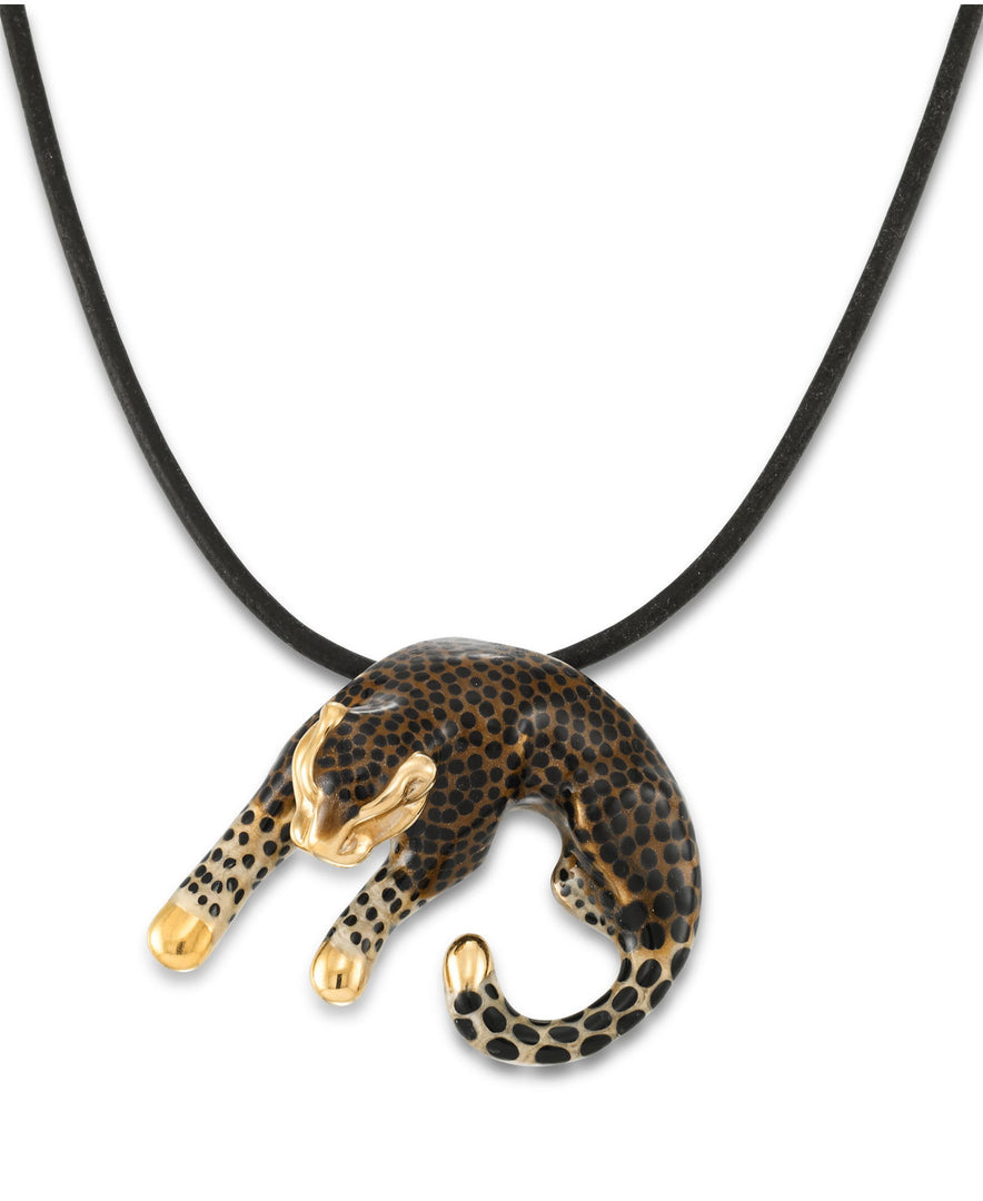 Yellow-Gold_14K Gold Hand Enameled Leopard Slide Pendant on 18" Black Leather Cord - iHeart Jewels_I_Heart_1