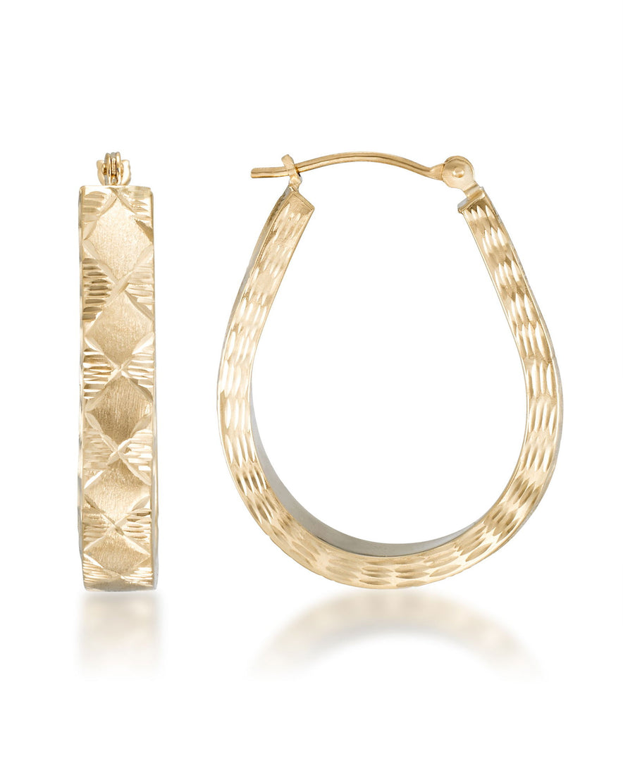 Yellow-Gold_14K Gold Satin and Diamond Cut Argyle Pear Shape Hoop Earrings - iHeart Jewels_I_Heart_1