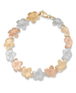 Cargar imagen en el visor de la galería, Tri-Color_14K Gold Satin and Diamond Cut Sculpted Plumeria Bracelet, 7"_I_Heart_1
