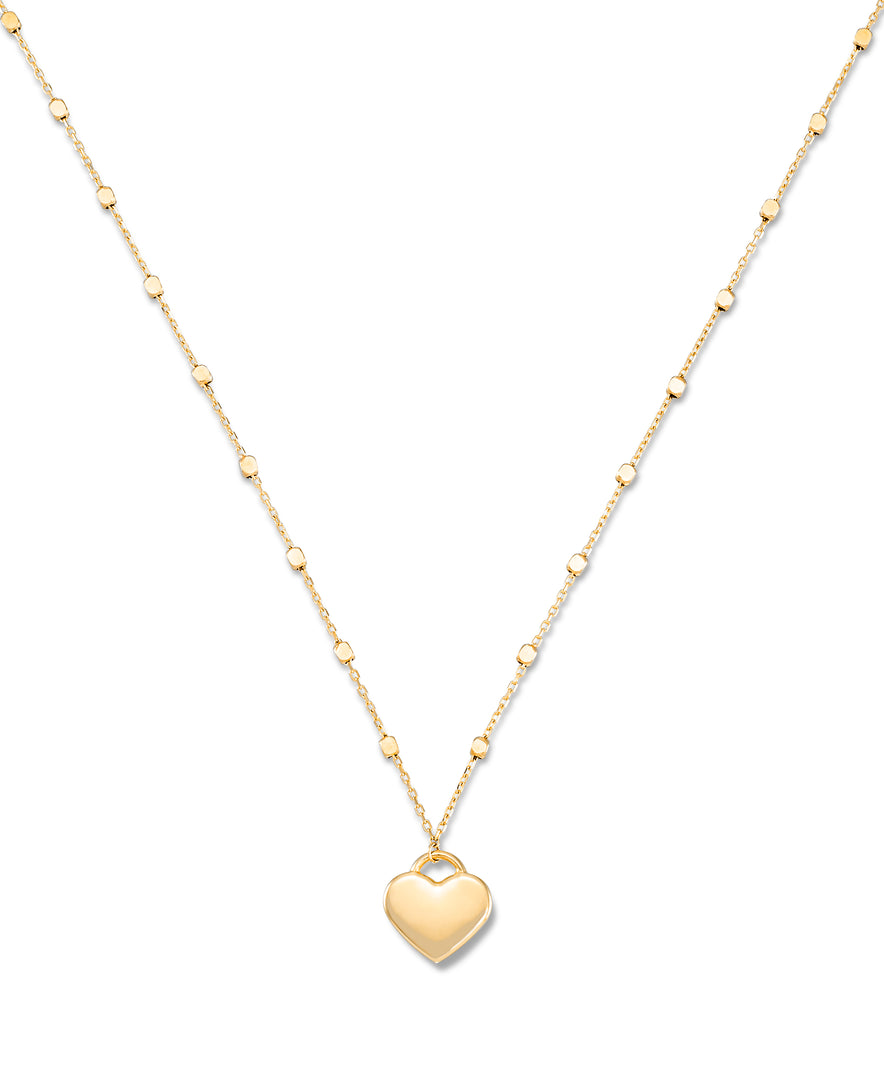 Yellow Gold_14K Yellow Gold Heart Necklace on Sparkle Bead Station Chain, 16" plus 2" Extender_I_Heart_1
