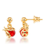 Load image into Gallery viewer, 18K Yellow Gold over Sterling Silver Amber Rosa® Red Genuine Amber Ladybug Dangle Earrings_I_Heart_1