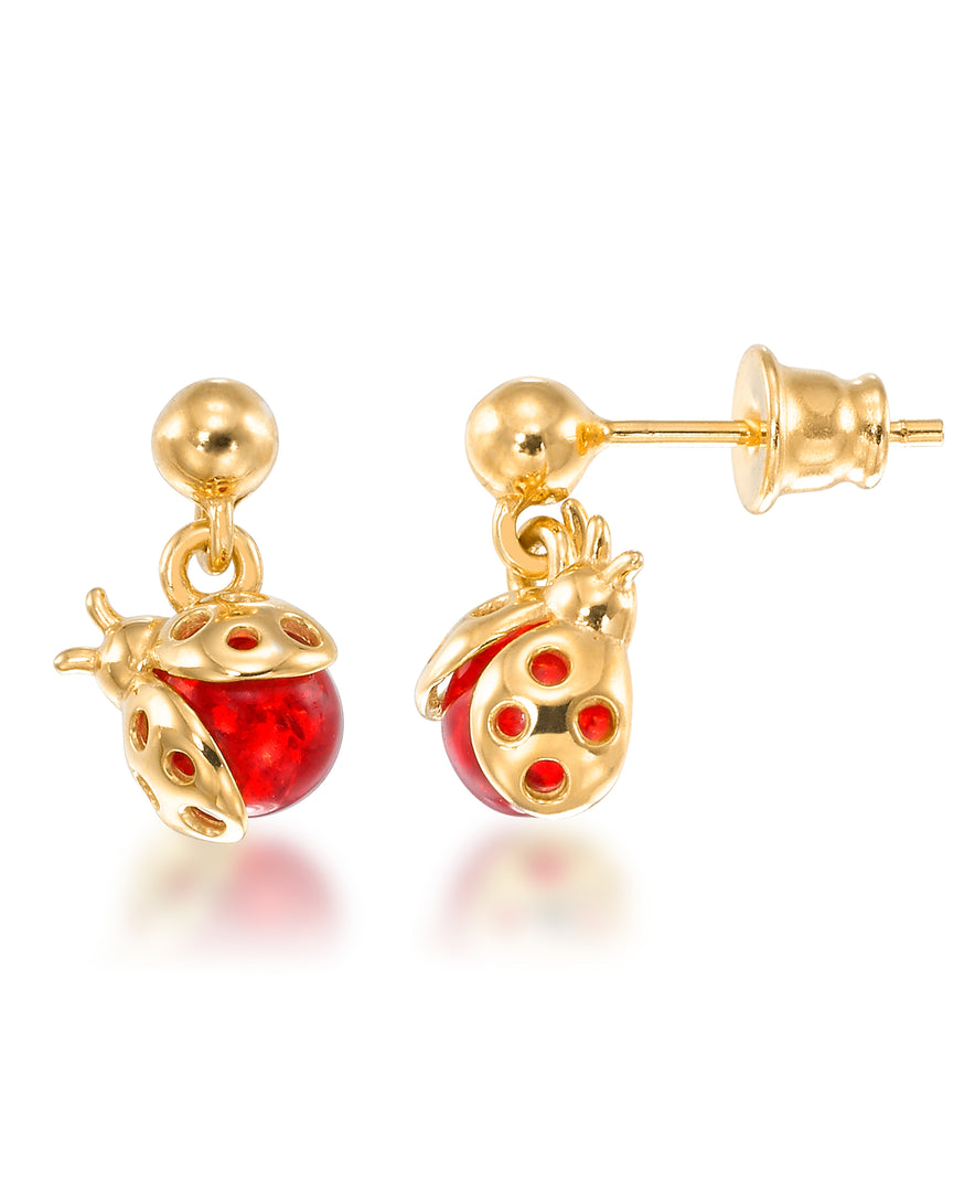 18K Yellow Gold over Sterling Silver Amber Rosa® Red Genuine Amber Ladybug Dangle Earrings_I_Heart_1