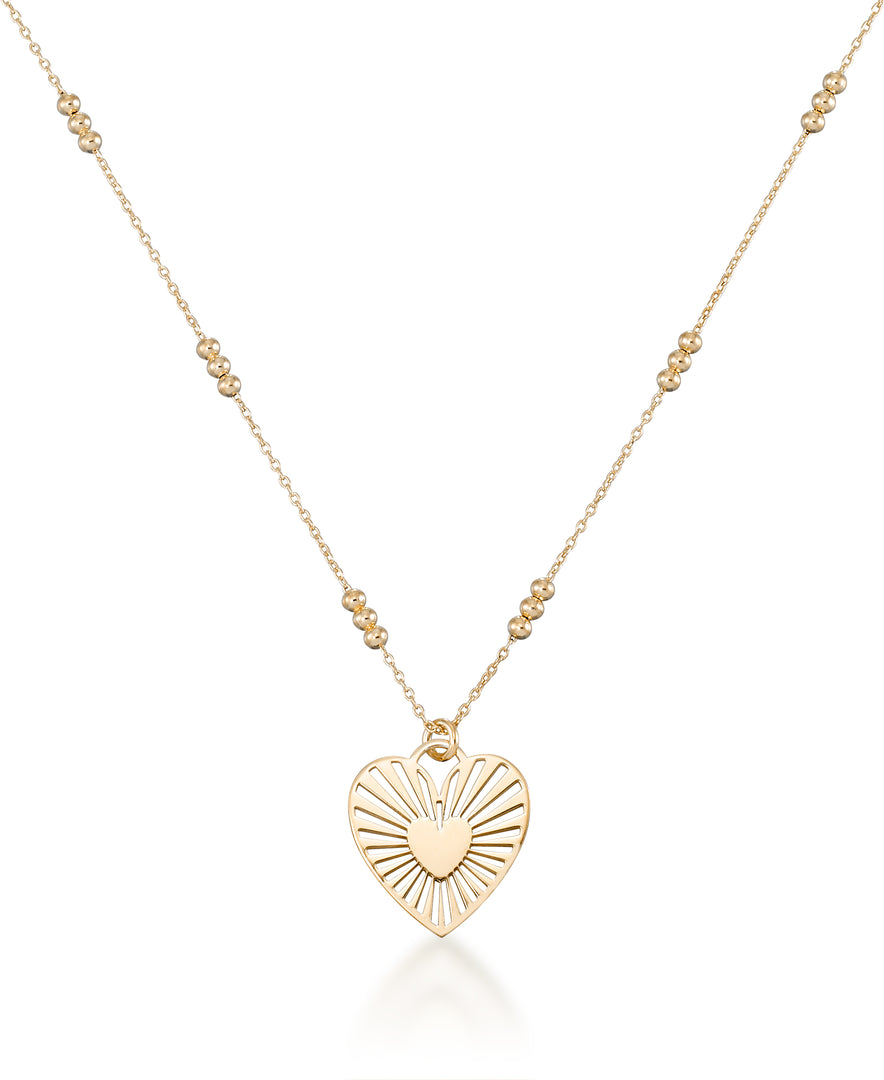 18K Yellow Gold over Sterling Silver_Sunburst Heart Pendant on 16" Bead Chain with 2" Extender, Made in Italy__I_Heart_1