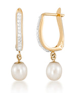 Load image into Gallery viewer, 14K Yellow Gold over Sterling Silver_1/8 CT. T.W. Simulated Diamond Oval Huggie Earrings with Natural Cultured Pearls_I_Heart_1