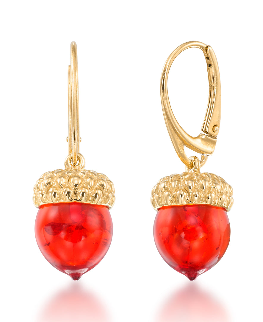 18k Yellow Gold over Sterling Silver_Amber Rosa® Red Genuine Amber Acorn Dangle Earrings_I_Heart_1