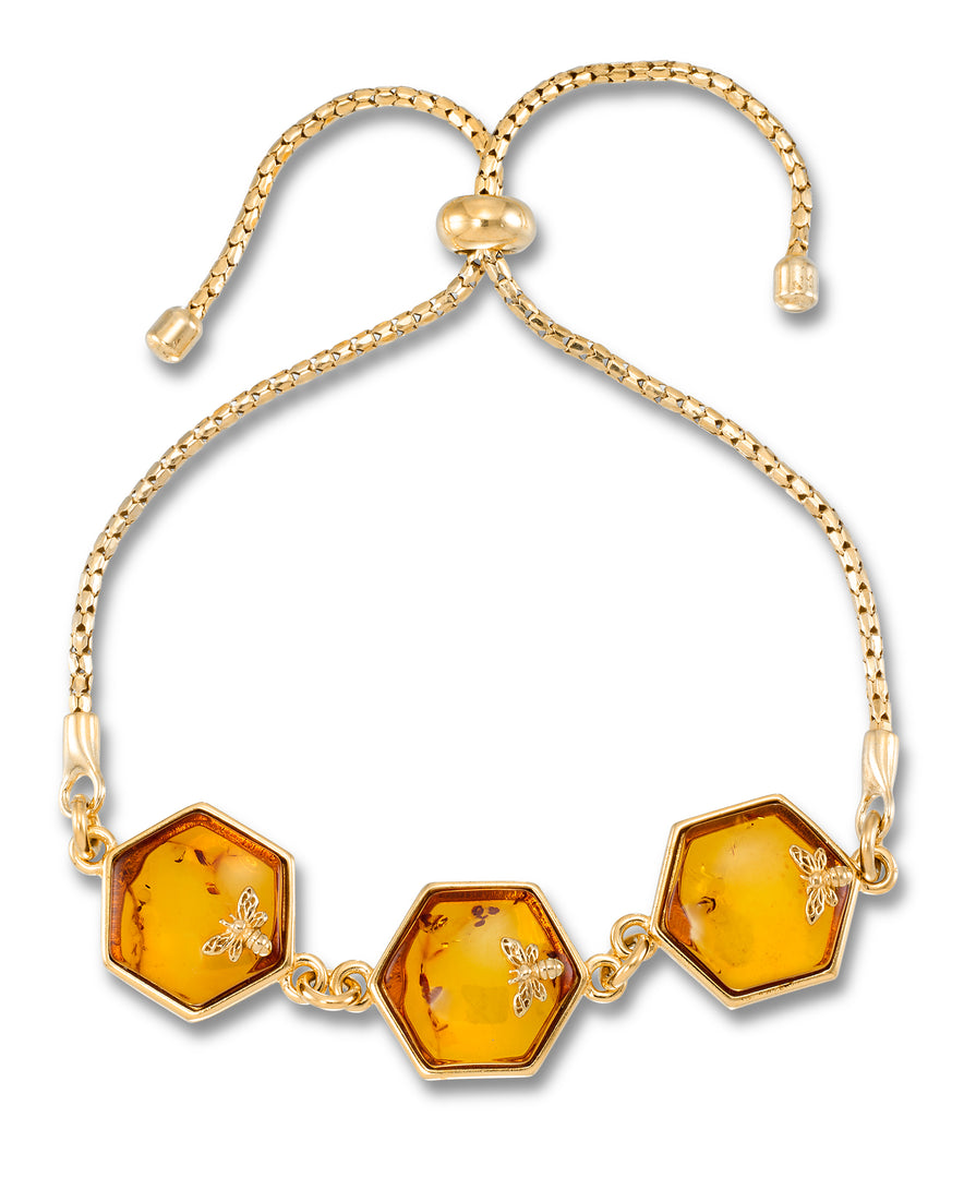 18K Yellow Gold over Sterling Silver_Amber Rosa™ 18K Yellow Gold over Genuine Honeycomb Bees Amber Bolo Bracelet, Adjustable_I_Heart_1