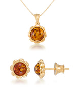 Load image into Gallery viewer, 18K Yellow Gold over Sterling Silver_Amber Rosa™ 18K Yellow Gold over Genuine Cognac Amber Etruscan Earrings and Pendant Set, 18"_I_Heart_1