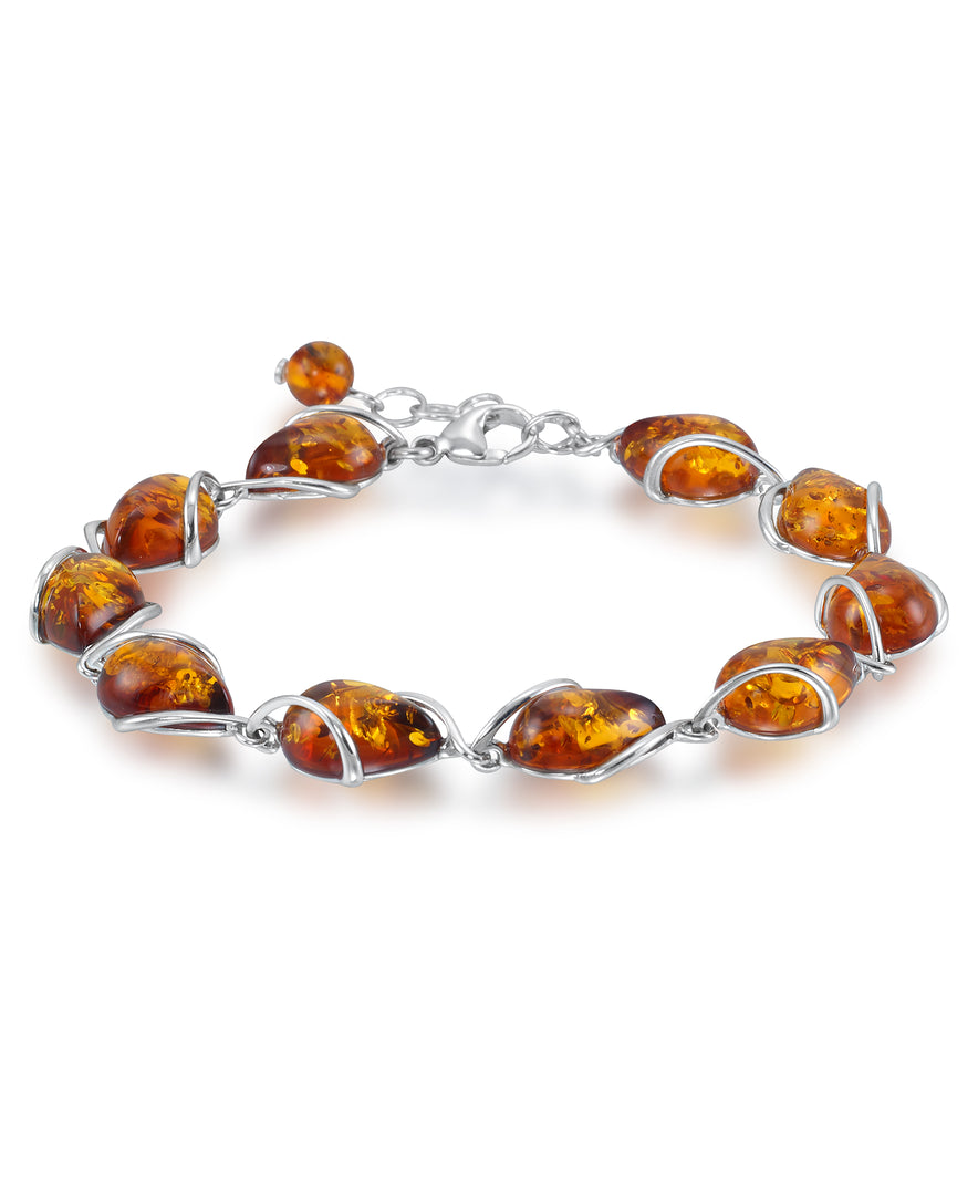 Sterling Silver_Amber Rosa™ 18k Genuine Honey Amber Teardrops Bracelet, 7" + 1" Extender_I_Heart_1