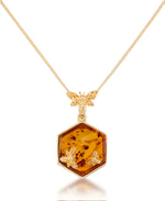 Load image into Gallery viewer, 18K Yellow Gold over Sterling Silver_Amber Rosa™  Genuine Amber Bees on Honeycomb Pendant, 18"_I_Heart_1