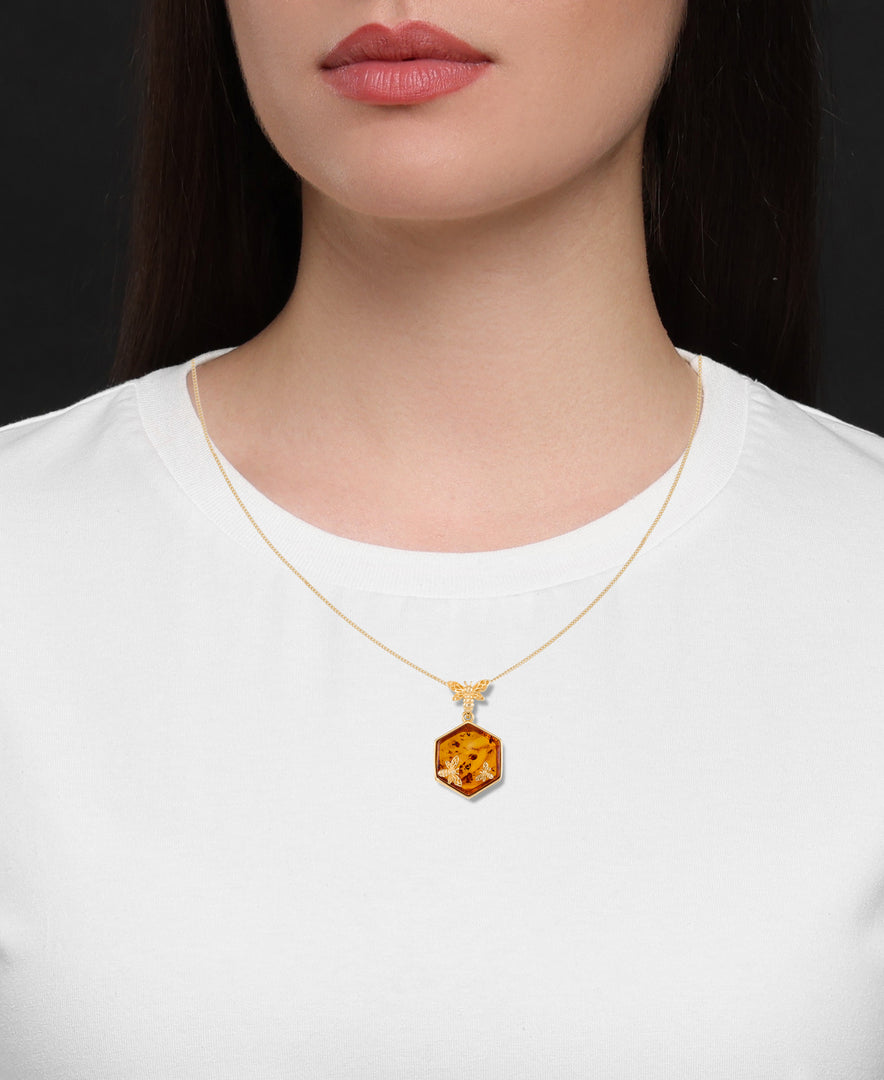 18K Yellow Gold over Sterling Silver_Amber Rosa™  Genuine Amber Bees on Honeycomb Pendant, 18"_I_Heart_1