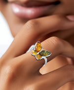 Load image into Gallery viewer, Sterling Silver_Amber Rosa™  Genuine Multicolor Amber Butterfly Ring_I_Heart_1