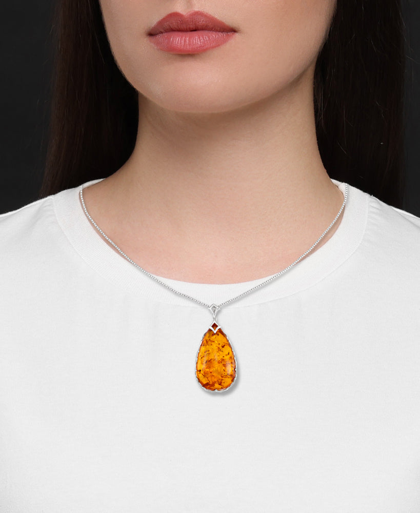 Sterling Silver_Amber Rosa™ Genuine Cognac Amber Large Teardrop Necklace with Adjustable Clasp_I_Heart_1