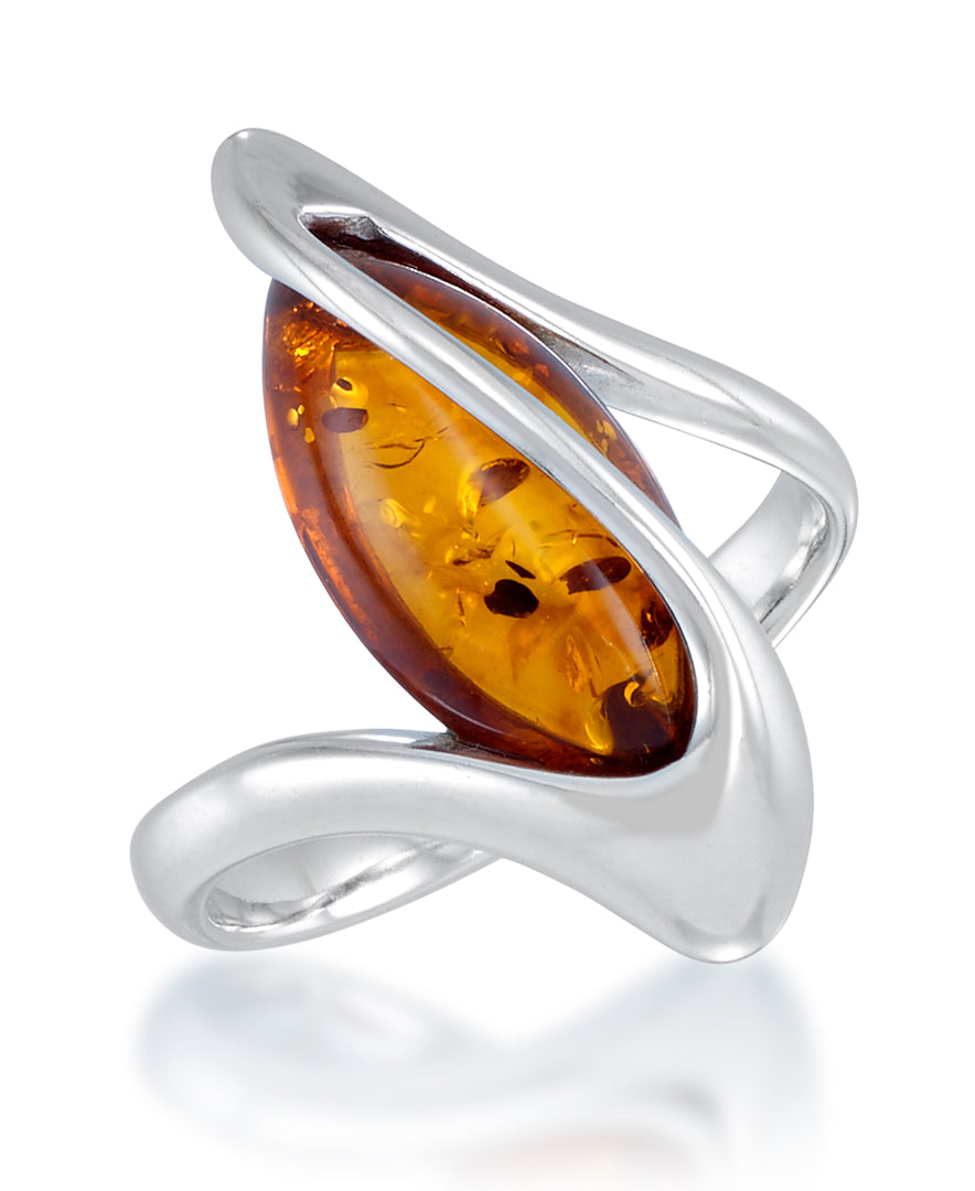 Sterling Silver_Amber Rosa™ Genuine Cognac Amber Marquise Cabochon Free Form Ring_I_Heart_1