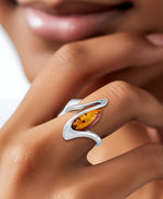 Load image into Gallery viewer, Sterling Silver_Amber Rosa™ Genuine Cognac Amber Marquise Cabochon Free Form Ring_I_Heart_1