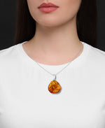 Load image into Gallery viewer, Sterling Silver_Amber Rosa™ Genuine Honey Amber Carved Rose Pendant, 18"_I_Heart_1_I_Heart_1