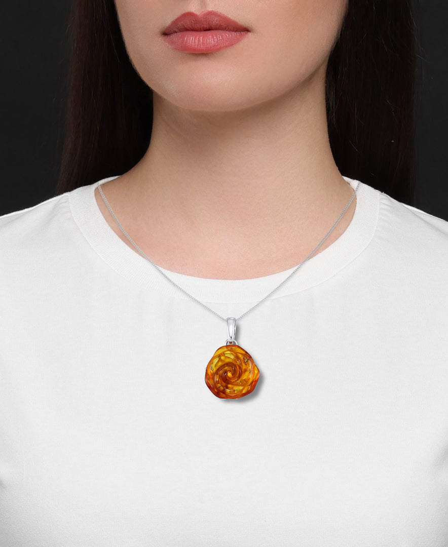 Sterling Silver_Amber Rosa™ Genuine Honey Amber Carved Rose Pendant, 18"_I_Heart_1_I_Heart_1