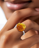 Load image into Gallery viewer, Sterling Silver_Amber Rosa™ Genuine Honey Amber Carved Rose Ring_I_Heart_1
