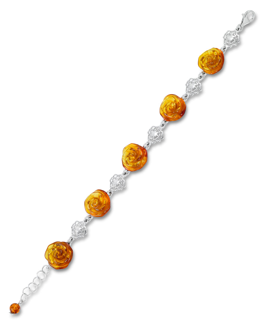 Sterling Silver_Amber Rosa™ Genuine Honey Amber Carved Roses Bracelet, 7" + 1" Extender_I_Heart_1