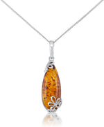 Load image into Gallery viewer, Sterling Silver_Amber Rosa™ Genuine Honey Amber Elongated Teardrop Pendant with Floral Accents, 18"_I_Heart_1