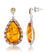 Load image into Gallery viewer, Sterling Silver_Amber Rosa™ Genuine Honey Amber Large Teardrop Dangle Earrings with White and Cognac Simulated Diamond Frame_I_Heart_1