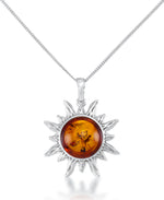Load image into Gallery viewer, Sterling Silver_Amber Rosa™ Genuine Honey Amber Sun Motif Pendant, 18"_I_Heart_1