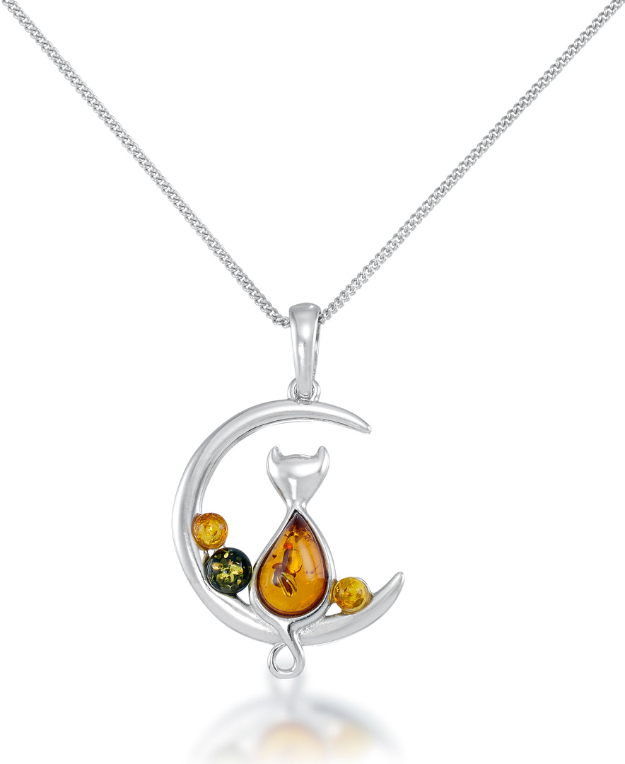 Sterling Silver_Amber Rosa™ Genuine Multi Color Amber Cat Sitting on a Crescent Moon, 18"_I_Heart_1