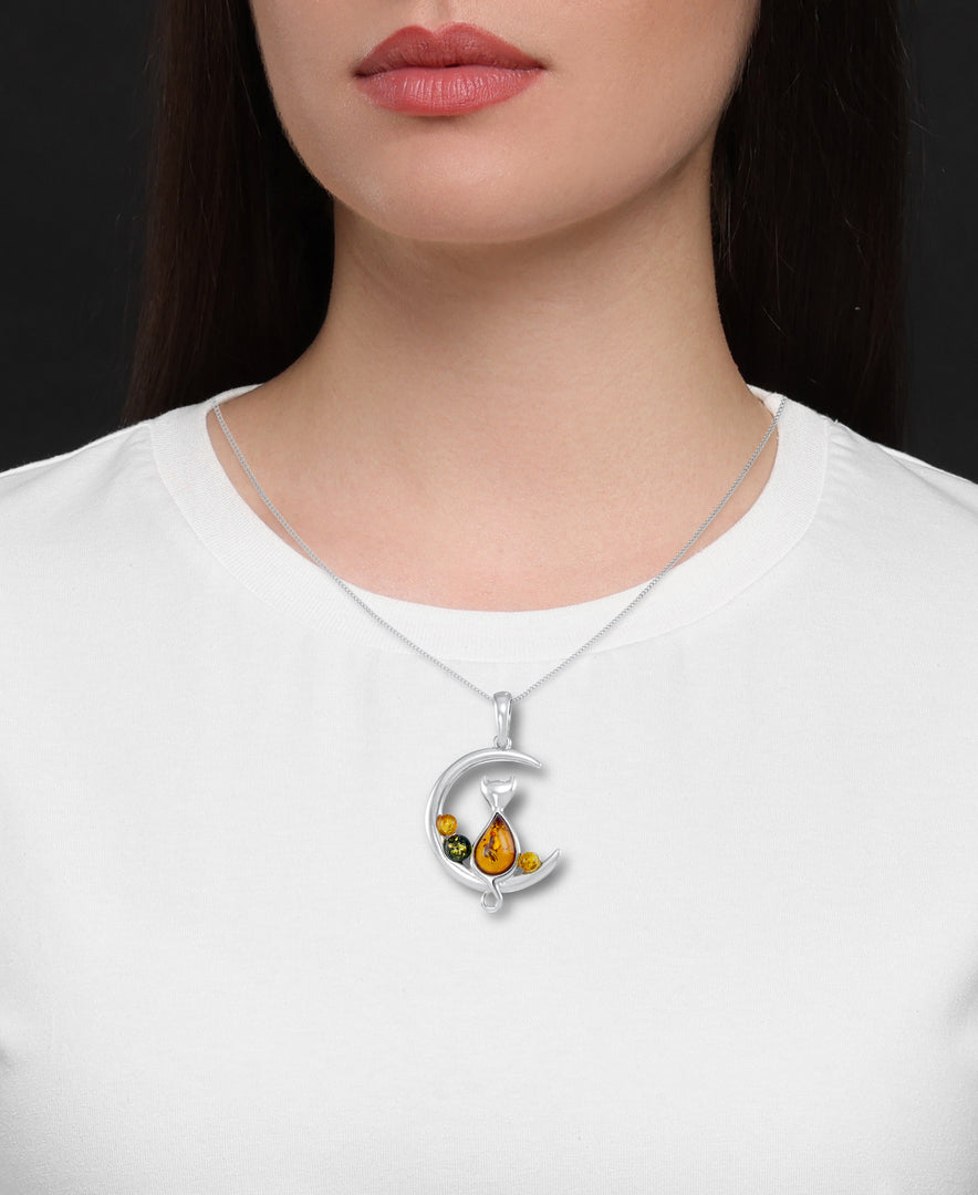 Sterling Silver_Amber Rosa™ Genuine Multi Color Amber Cat Sitting on a Crescent Moon, 18"_I_Heart_1
