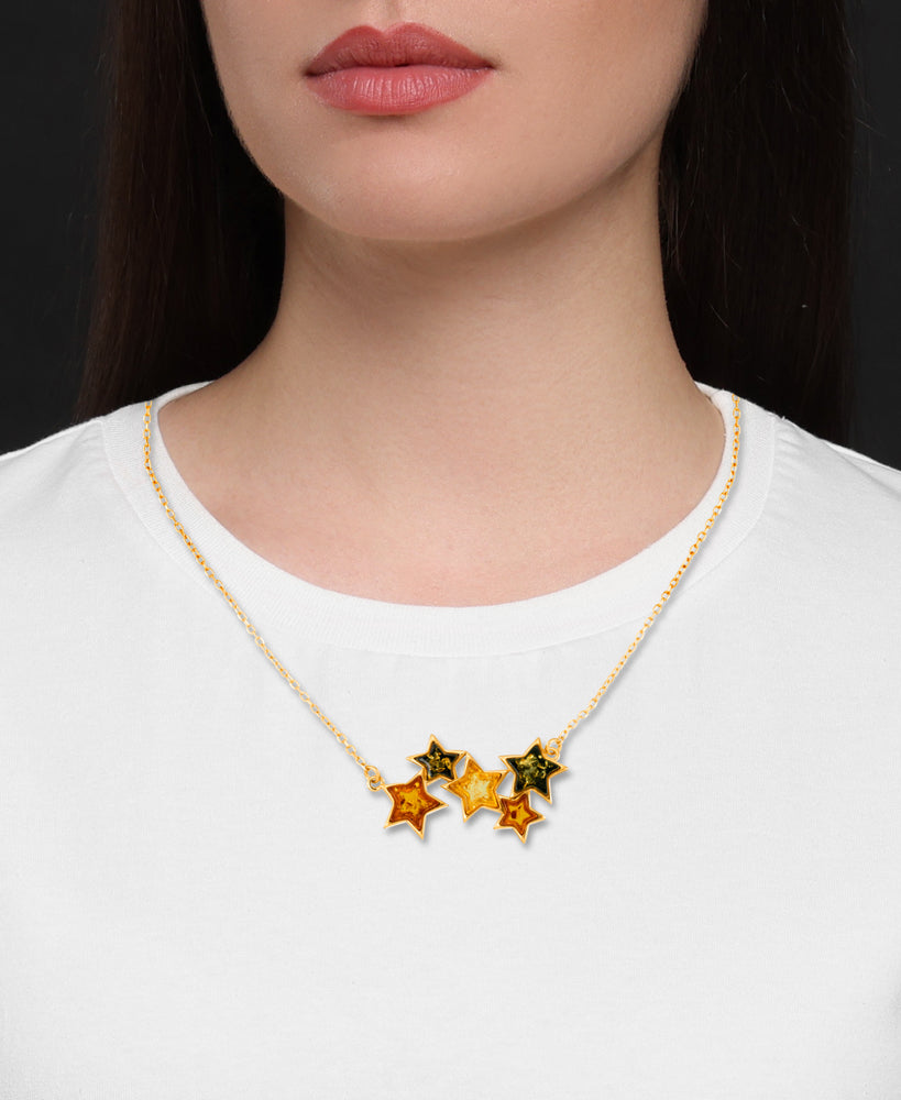 18K Yellow Gold over Sterling Silver_Amber Rosa™ Genuine Multi Color Amber Star Cluster necklace_I_Heart_1