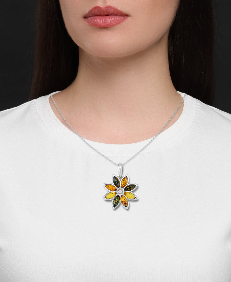 Sterling Silver_Amber Rosa™ Genuine Multi Color Marquise Amber Flower Pendant, 18"_I_Heart_1