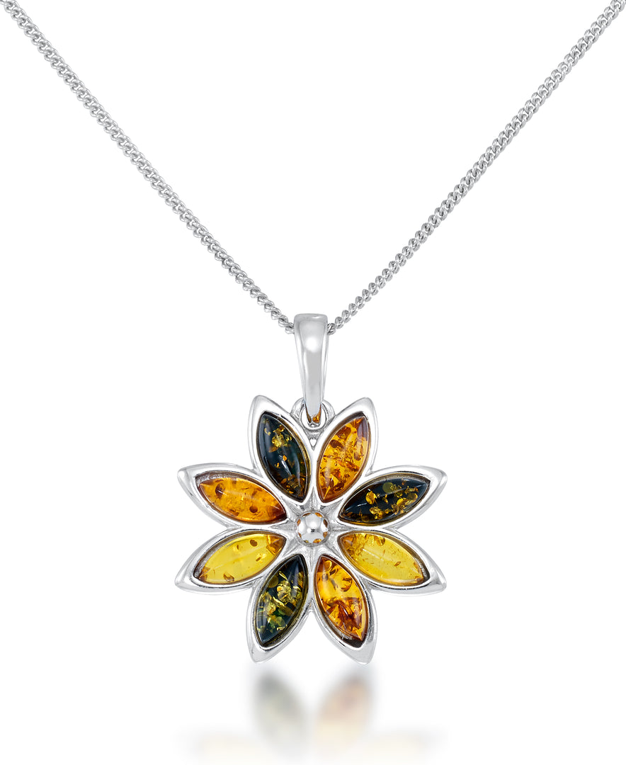 Sterling Silver_Amber Rosa™ Genuine Multi Color Marquise Amber Flower Pendant, 18"_I_Heart_1