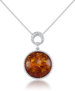 Load image into Gallery viewer, Sterling Silver_Amber Rosa™ Sterling Silver Large Genuine Cognac Amber Round Cabochon Pendant, 18"_I_Heart_1