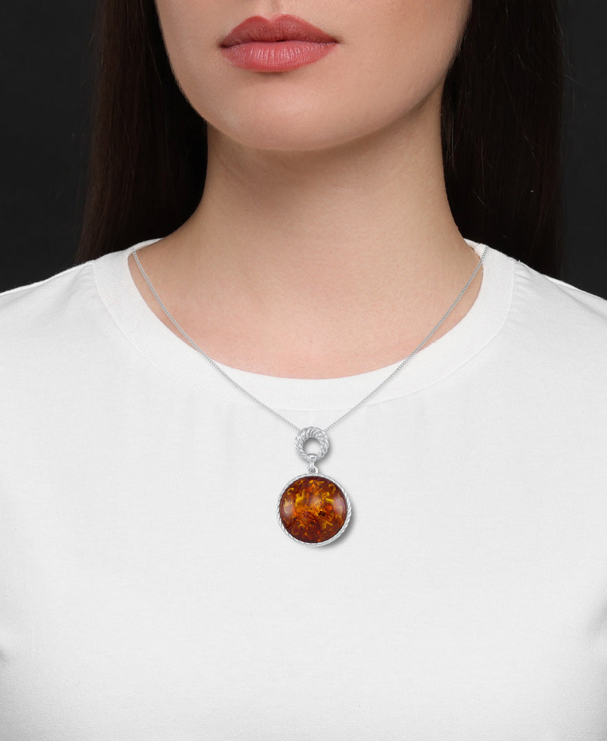 Sterling Silver_Amber Rosa™ Sterling Silver Large Genuine Cognac Amber Round Cabochon Pendant, 18"_I_Heart_1