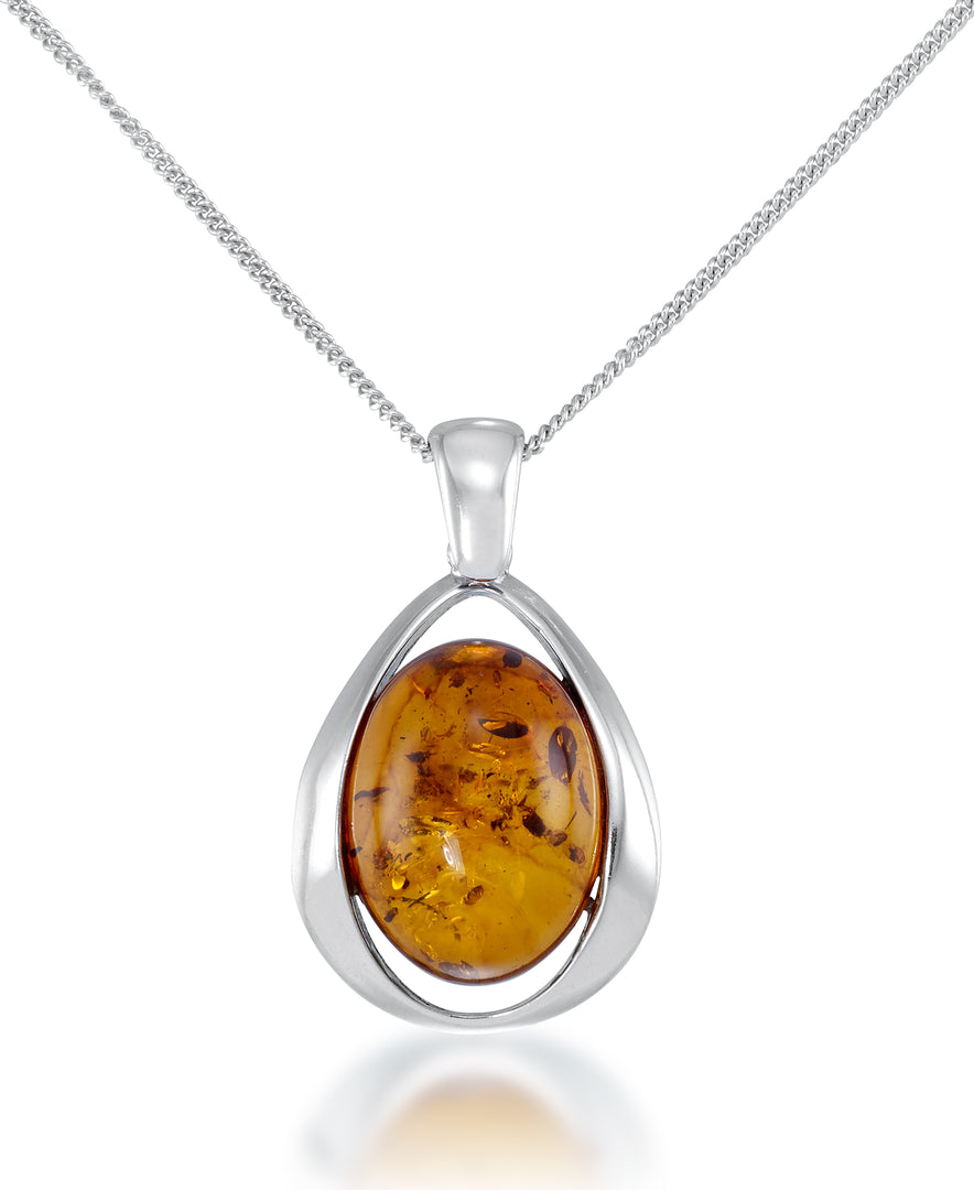 Sterling Silver_Amber Rosa™ Sterling Silver Large Oval Genuine Cognac Amber in Modern Teardrop Design Pendant, 18"_I_Heart_1