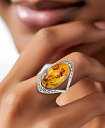 Load image into Gallery viewer, Sterling Silver_Amber Rosa™ Sterling Silver with Large Genuine Oval Honey Amber Cabochon Ring_I_Heart_1