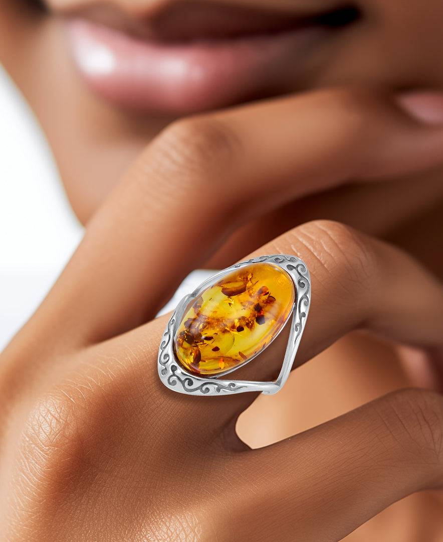 Sterling Silver_Amber Rosa™ Sterling Silver with Large Genuine Oval Honey Amber Cabochon Ring_I_Heart_1
