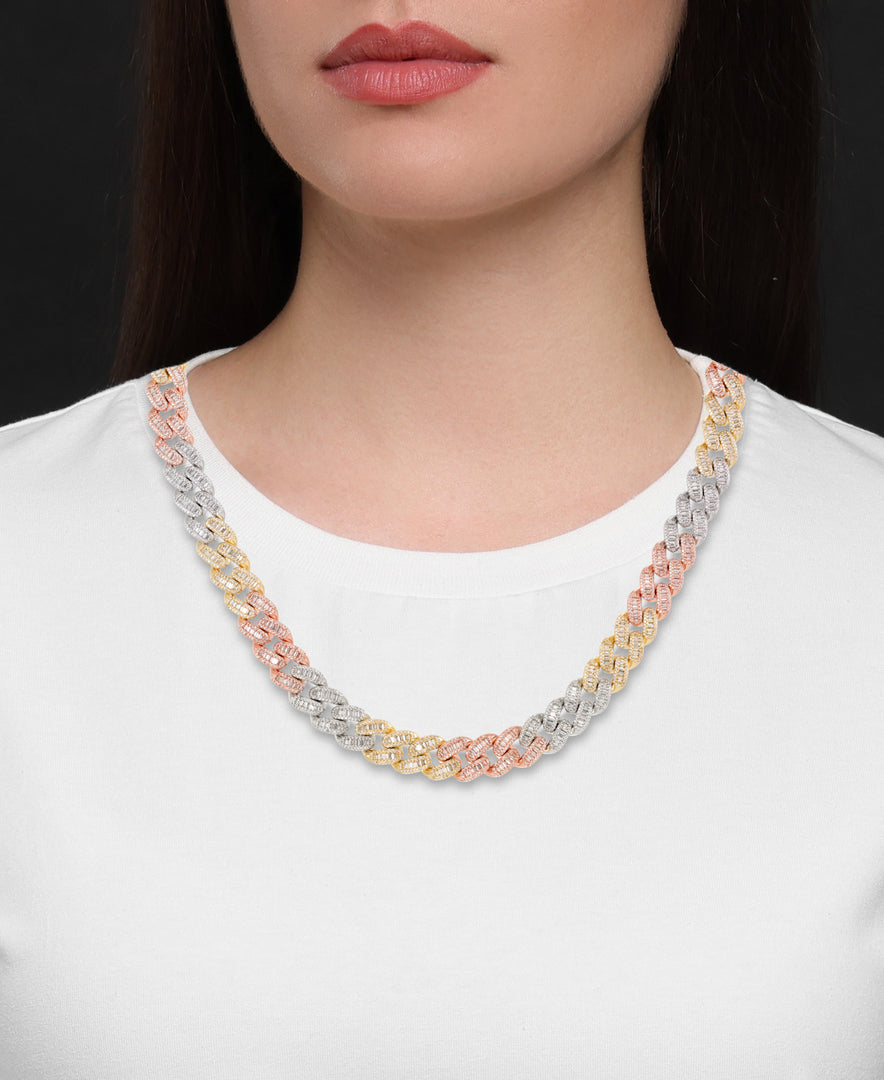 Tri-Color Gold Tone_70 CT. T.W. Simulated Diamond Baguette Frosted Curb Link Necklace in Tri Color Gold Tone_I_Heart_1