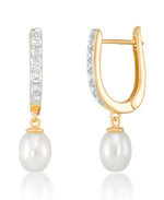 Load image into Gallery viewer, 18K Yellow Gold over Sterling Silver_Diamond Fascination® Diamond Accent Sterling Silver Huggie Hoops with Genuine Cultured Pearl Teardrops - iHeart Jewels_Heart_1