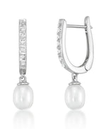 Load image into Gallery viewer, Platinum over Sterling Silver_Diamond Fascination® Diamond Accent Sterling Silver Huggie Hoops with Genuine Cultured Pearl Teardrops - iHeart Jewels_I_Heart_2