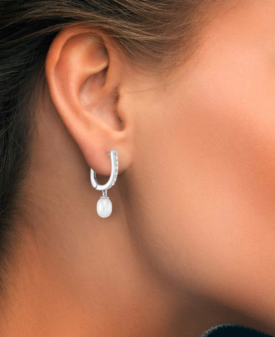 Platinum over Sterling Silver_Diamond Fascination® Diamond Accent Sterling Silver Huggie Hoops with Genuine Cultured Pearl Teardrops - iHeart Jewels_I_Heart_2