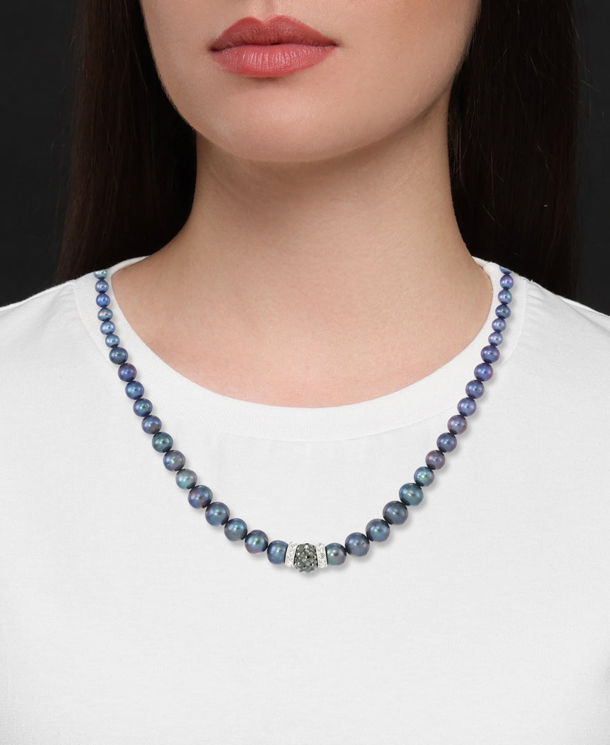 Platinum over Sterling Silver_Dramatic Graduated Black Dyed Cultured Freshwater Pearl Necklace with Crystal Center Piece, 18" with 2" Extender_I_Heart_1