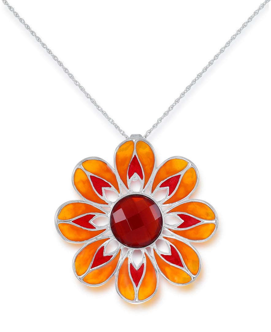 Platinum over Sterling Silver_Enamel Flower Pendant with Faceted Glass Garnet, 18"_I_Heart_1