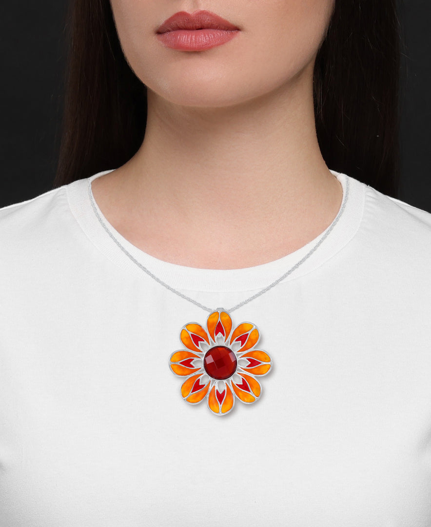 Platinum over Sterling Silver_Enamel Flower Pendant with Faceted Glass Garnet, 18"_I_Heart_1